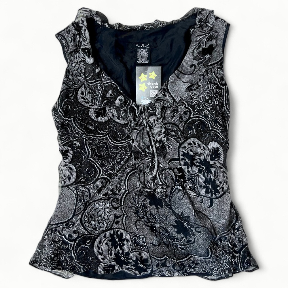 ECI New York Y2K Black and White Beaded Sleeveless Ruffle Top